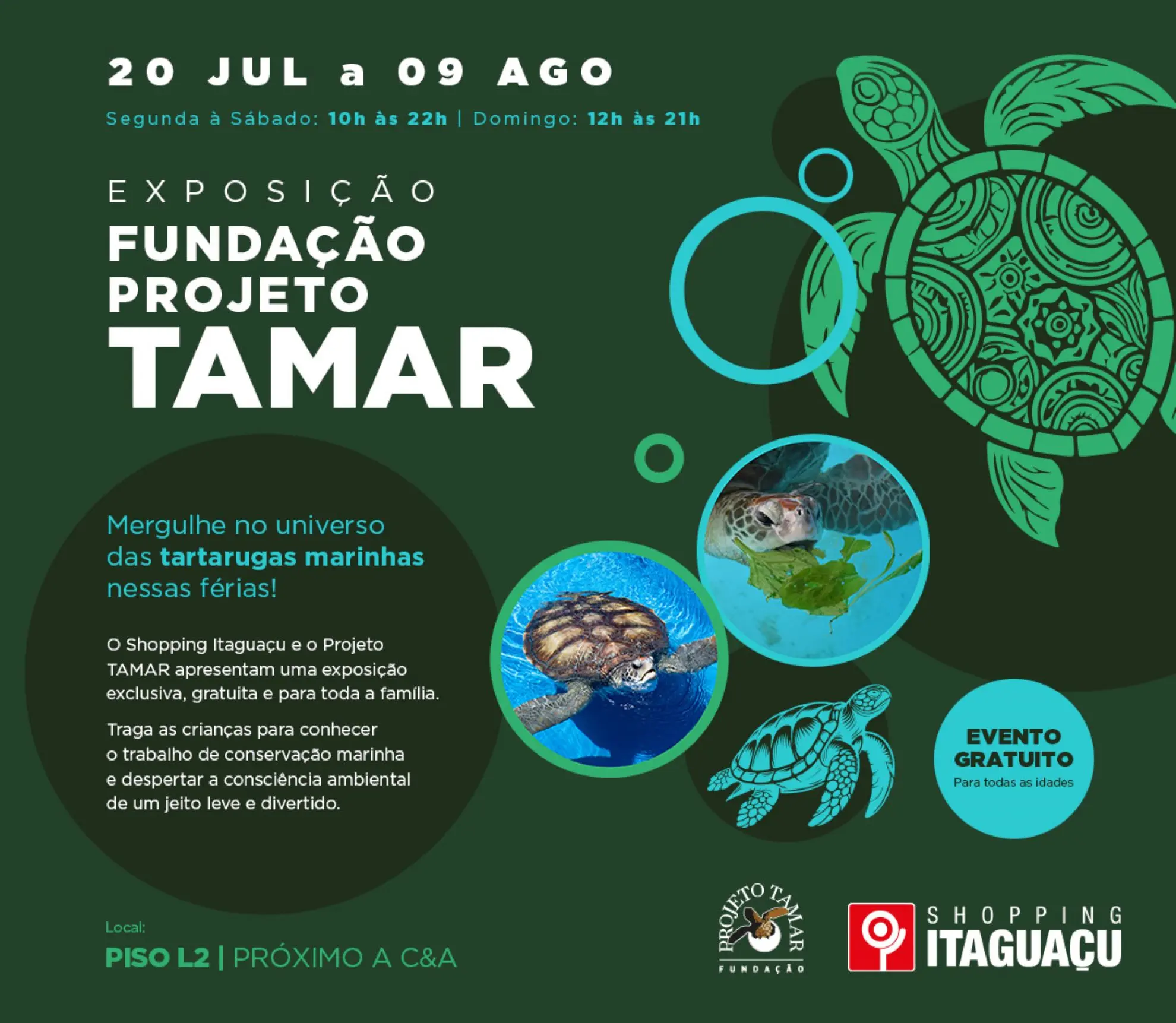 Fundação Projeto TAMAR chega ao Shopping Itaguaçu com exposição sobre tartarugas marinhas e conservação dos oceanos