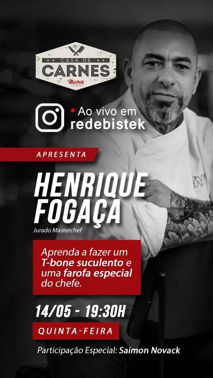 Jurado do Masterchef Brasil fará live às 19h30 no Instagram @redebistek.